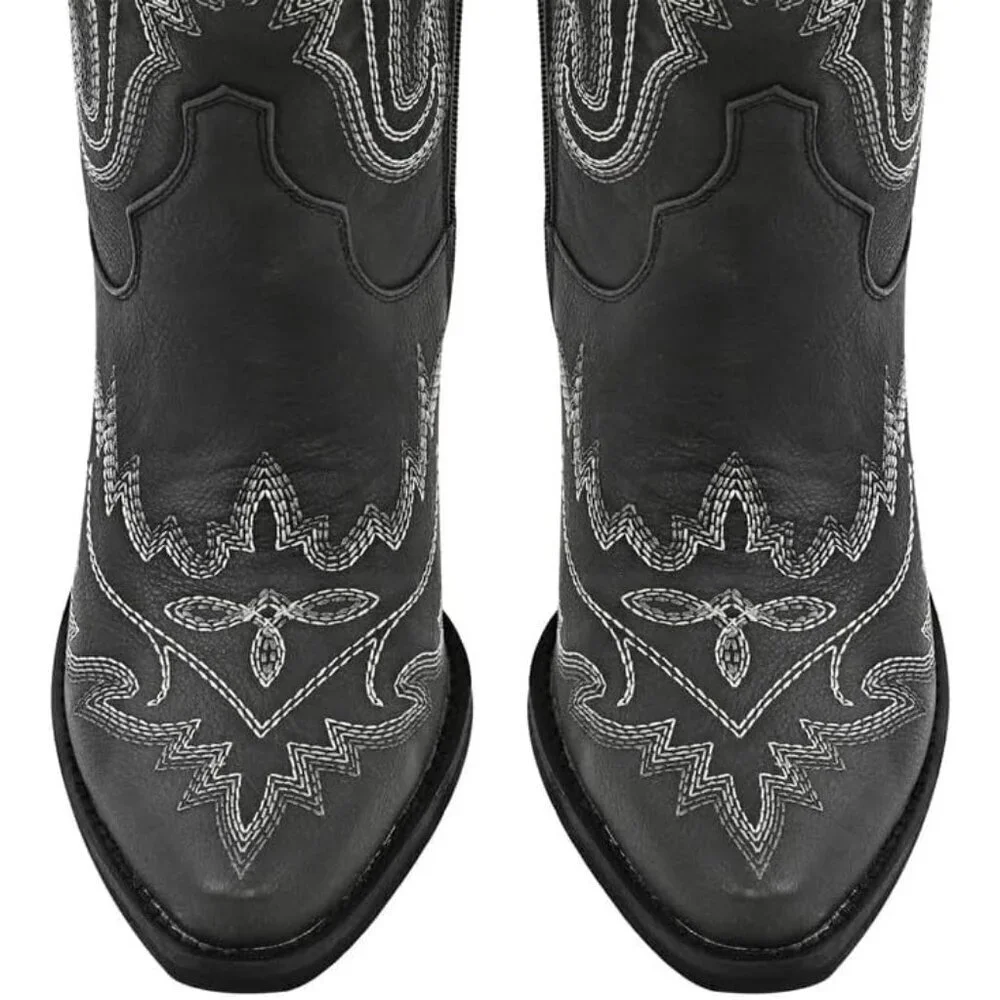 Women Black Synthetic Cowgirl Thigh High Wide Calf Embroidered Western Boots